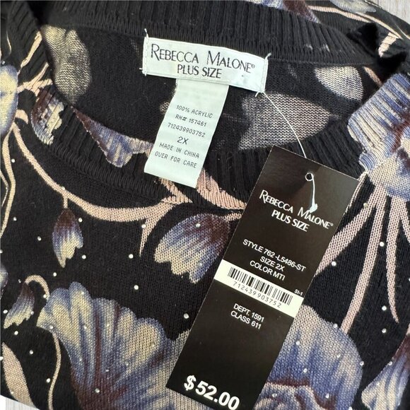 NWT REBECCA MALONE Black Blue Floral Rhinestone Lightweight Tunic Sweater 2X - Picture 3 of 5
